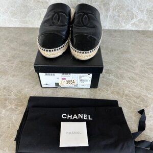 Chanel Goatskin Black Patent Calfskin CC EspadrilleMules Sz 39
